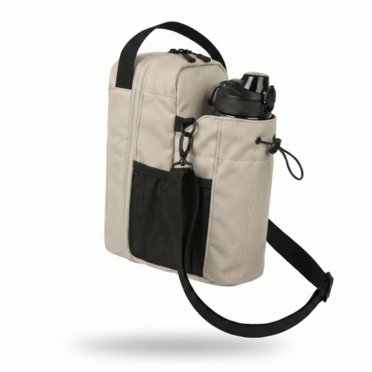 Porte-bouteille d'eau magnétique BEIGE pour salle de sport - Pochette tactique Molle pour bouteille avec support de téléphone - Sac de sport en bandoulière pour le fitness et la randonnée